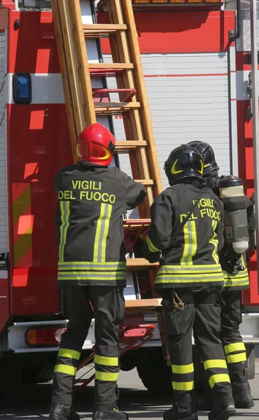 Brandweerlieden in actie nemen de houten ladder — Stockfoto