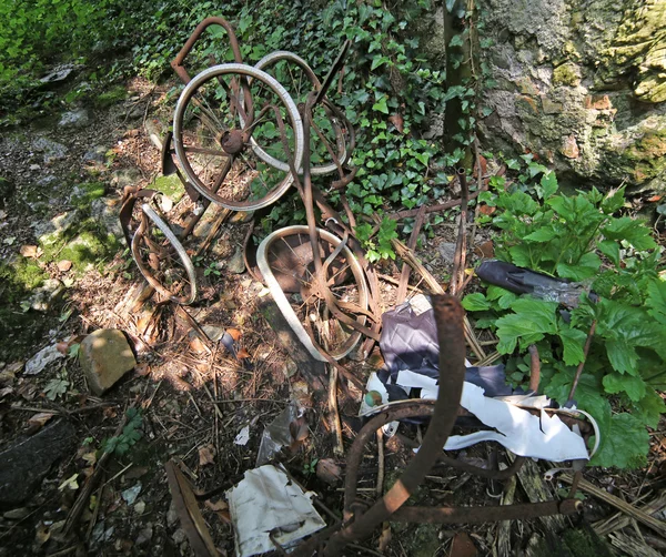Ржавая коляска для новорожденных, брошенных в лесу — стоковое фото