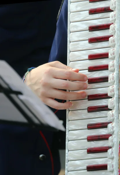 Hand of a woman plays the ancient accordion — Stock Photo, Image