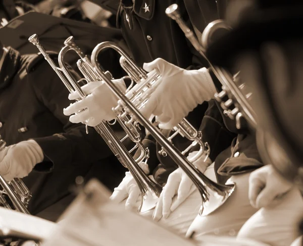 Trumpet players in the band during a performance — Stock Photo, Image