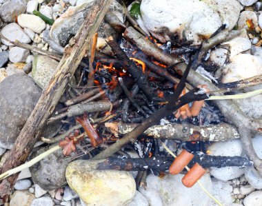 wurstel oputdoor şömine piknik sırasında pişmiş.