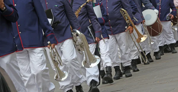 Muchos músicos de la banda en uniforme completo durante el desfile — Foto de Stock