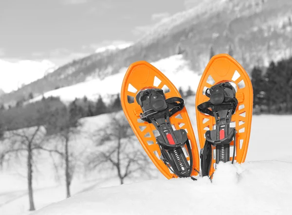 Orange snowshoes in mountains in winter — Φωτογραφία Αρχείου