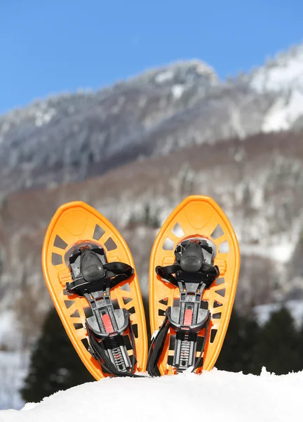Two orange snowshoes in mountains in winter — Stok fotoğraf
