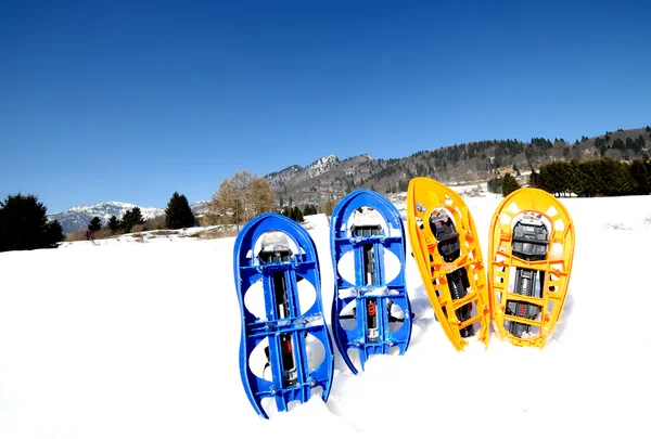 Cuatro raquetas de nieve azul y naranja en las montañas —  Fotos de Stock