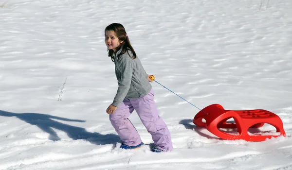 Pretty girl plays with Winter sledding in the mountains — Stock fotografie