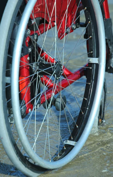 Rueda de una silla de ruedas roja en la orilla del mar —  Fotos de Stock