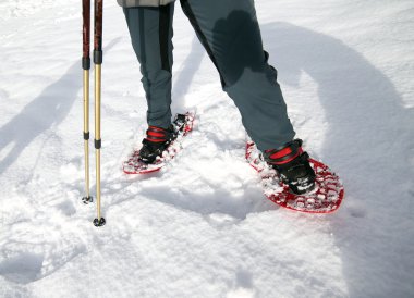 Beyaz yumuşak karda dağlarda snowshoeing
