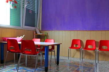 çalışma masaları ve kırmızı sandalye sınıf