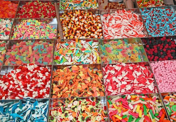 Many sugary candy and chewy for sale in candy stall in the local — Stock Photo, Image