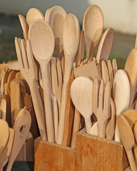 Wooden cutlery spoons and forks — Stock Photo, Image