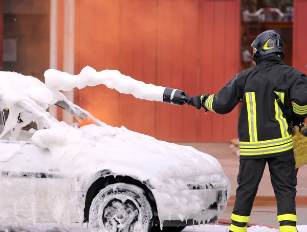 Firefighters during exercise to extinguish a fire in a car — Stock Photo, Image