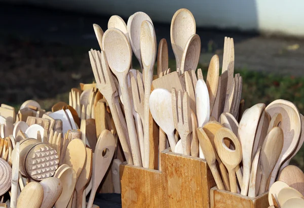 Spoons and forks in the wood craftsman workshop — Stock Photo, Image