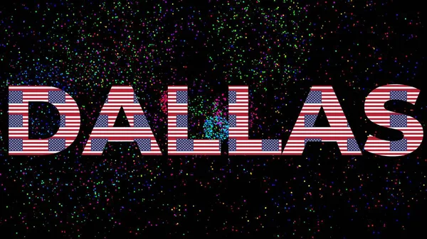 Dwight City 'nin büyük metni içinde Amerikan bayrağı deseni ve renkli havai fişeklerle siyah bir arkaplan var.