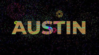 Şehir adı Austin Texas, gökkuşağı çok renkli simli, siyah arka planda canlı havai fişekler, sanatsal efektler.