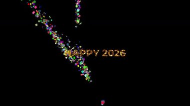 Mutlu 2026 metinleri, altın desenli ve siyah üzerine renkli konfeti parçaları atılıyor.