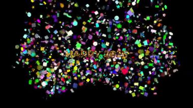 büyük mutlu 2026 metni altın dokuya sahip ve siyah arkaplanda bir sürü renkli konfeti parçaları var.