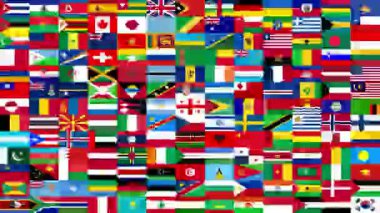 Birçok farklı dünya ülkesinin bayraklarının 13x13 ızgara deseni rastgele soyut bir renk mozaiği ve uluslararası semboller yaratıyor
