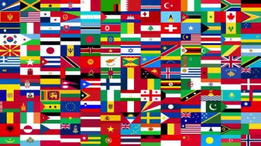 Birçok farklı dünya ülkesinin bayraklarının 13x13 ızgara deseni rastgele soyut bir renk mozaiği ve uluslararası semboller yaratıyor