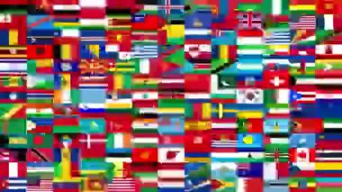 Birçok farklı dünya ülkesinin bayraklarının 13x13 ızgara deseni rastgele soyut bir renk mozaiği ve uluslararası semboller yaratıyor