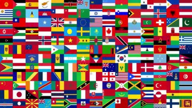Birçok farklı dünya bayraklarının 15x12 ızgara deseni rastgele soyut bir renk mozaiği ve uluslararası semboller yaratıyor