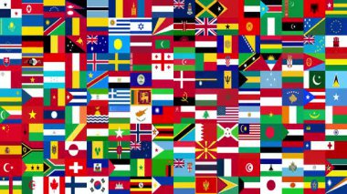 Birçok farklı dünya bayraklarının 16x11 ızgara deseni rastgele soyut bir renk mozaiği ve uluslararası semboller yaratıyor