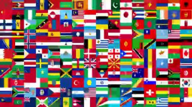 Birçok farklı dünya bayraklarının 16x11 ızgara deseni rastgele soyut bir renk mozaiği ve uluslararası semboller yaratıyor
