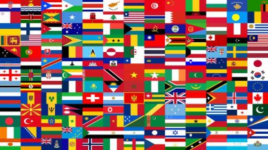 Farklı dünya bayraklarının 13x13 ızgara deseni rastgele soyut bir renk mozaiği ve uluslararası semboller oluşturuyor.
