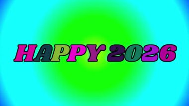 Geniş Metin Mutlu 2026 70 'lerin tarzında birçok rastgele renkli çember üzerine