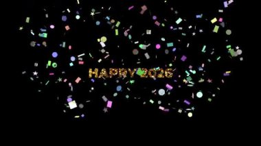 Büyük Altın Metin Mutlu 2026 konfeti ve siyah arkaplandaki şekiller