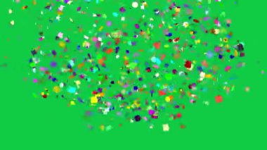 Yeşil arka planda birçok şekil ve boyutta renkli konfeti