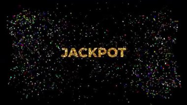Siyah arkaplanda bir sürü renkli konfeti bulunan büyük altın metin JACKPOT