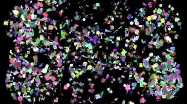Siyah arkaplanda çeşitli renk ve boyutlardaki sembollerin sürekli patlaması