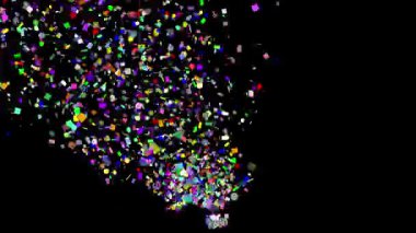 Siyah arkaplan üzerindeki tüm çerçeve sınırlarından gelen birçok şekil ve boyuta ait renkli konfetiler