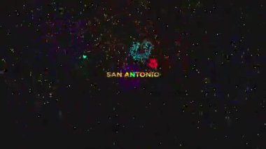 Renkli satırları olan büyük Altın Metin SAN ANTONIO ve birçok renkli havai fişek siyah arkaplanda rastgele modda