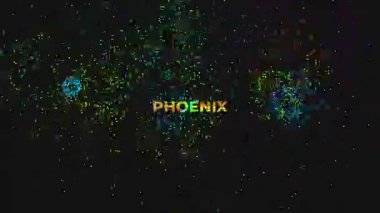 Renkli PHOENIX ve birçok renkli havai fişek içeren büyük Altın Metin siyah arkaplanda rastgele kipte