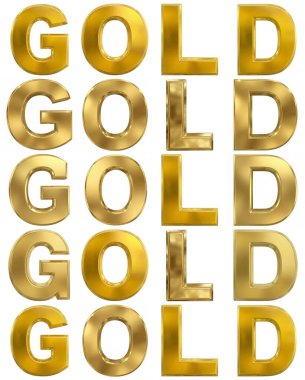 Altın kelimesi beş kez tekrar ediliyor ve beyaz arkaplanda gerçekçi, parlak altın çubuklara benzeyen karakterler var.