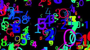 Siyah arkaplanda 0 'dan 9' a bir sürü rastgele sayı belirip kayboluyor. Not yazı tipleri ticari amaçlar için uygundur.