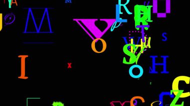 Çerçevede rastgele beliren ve kaybolan tüm alfabenin renkli harfleri