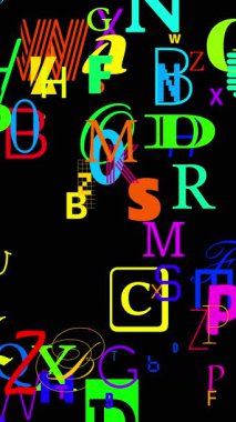 Çerçevede rastgele beliren ve kaybolan alfabenin birçok renkli harfi