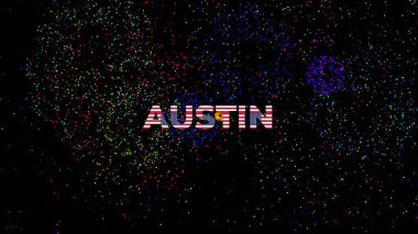 austin city big text with an american flag texture inside letters and a black background with colorful fireworks