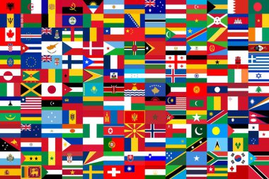 169 ulusal devlet bayrağının kolajı 13x13 ızgara halinde katı alfabetik sırayla dizilmiştir.