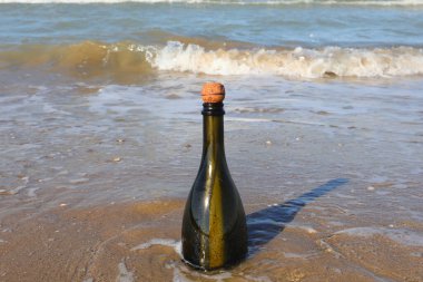 Nehir denizinde yeşil şişe Mantar kapaklı insanlar olmadan