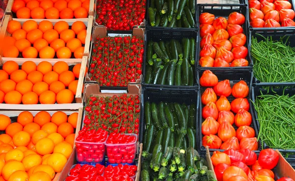 Kırmızı domates, yeşil kabak ve olgun portakalların yer aldığı tezgahta satılık bir sürü meyve var.