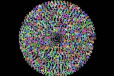 Koyu siyah bir arkaplanda çeşitli alfabe harflerinden oluşan kıvrımlı kıvrımlı kıvrımlı kıvrımlar.