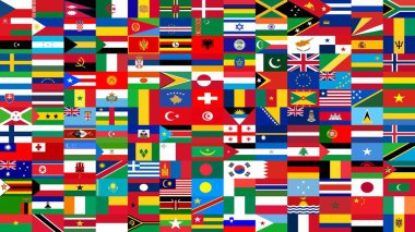 Dünyanın dört bir yanındaki farklı ülkelerden gelen bayraklardan oluşan renkli bir arkaplan.