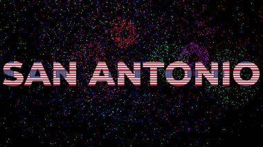 San Antonio şehri metin Amerikan bayrağı dokusu siyah arkaplan renkli havai fişek gösterisi