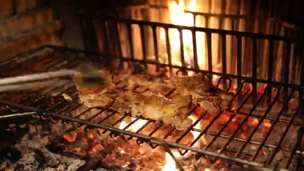 Rind- und Schweinefleisch über den Kohlen des Feuers gekocht — Stockvideo