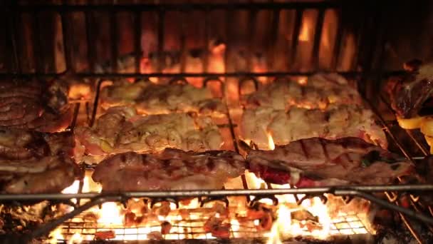 Carne bovina e carne de porco cozida sobre as brasas na lareira — Vídeo de Stock