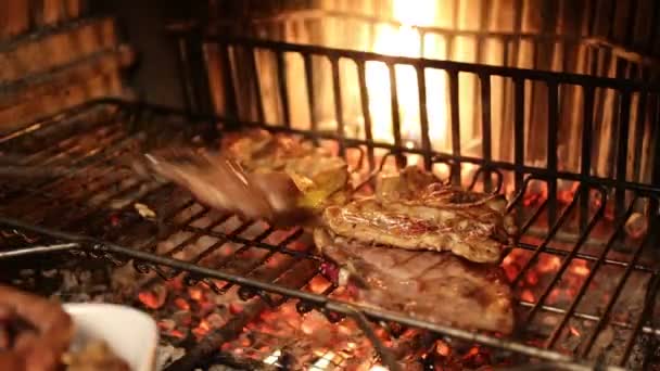 Carne bovina e carne de porco cozida sobre as brasas na lareira — Vídeo de Stock